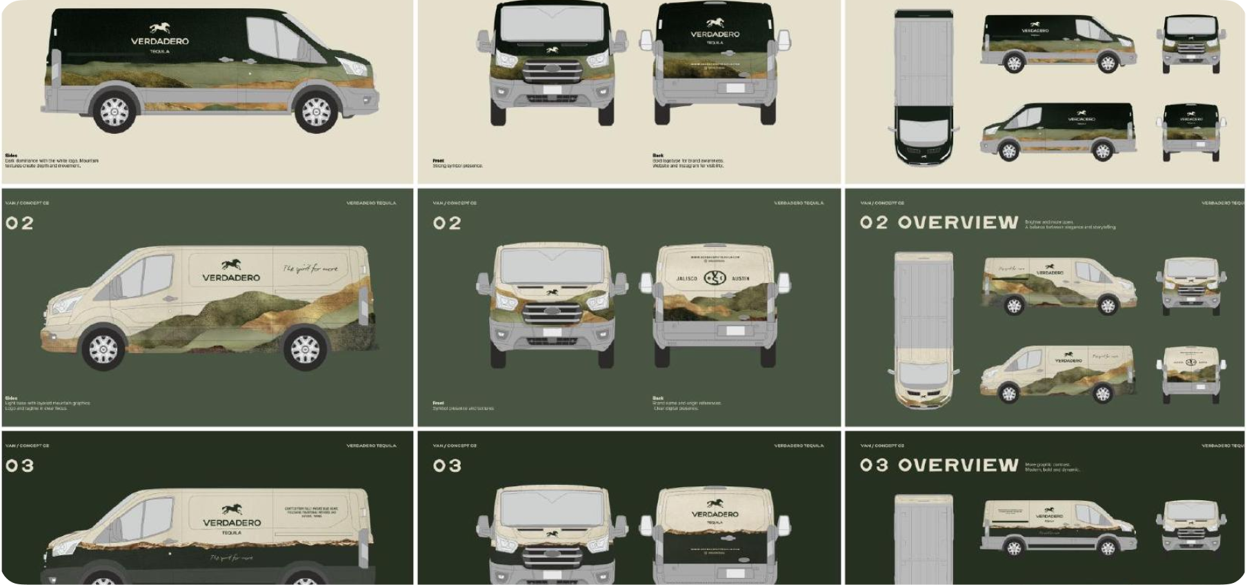 A grid of AI-generated van design iterations — the seed images a designer refines into a finished, on-brand piece