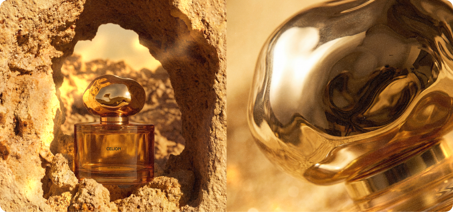 Mood reference from a designer's personal exploration — luxury fragrance photography in golden tones for the Alma di Alba concept