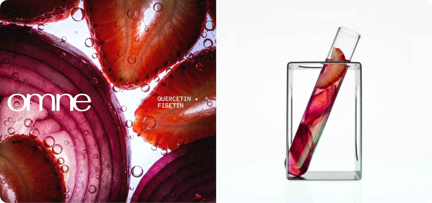Self-initiated Verdadero wellness concept — fruit macro photography paired with a quercetin + fisetin glass test tube composition