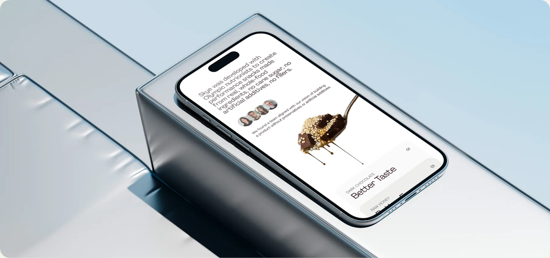 Skye's website design shown as a phone mockup, with cloud-blue motif and product imagery