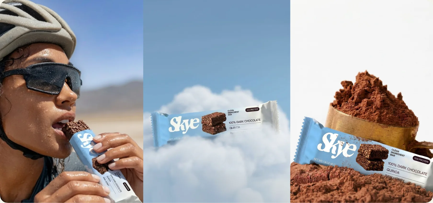Three-panel Skye campaign collage: athlete taking a bite, floating protein bar on cloud-blue, athlete mid-plank