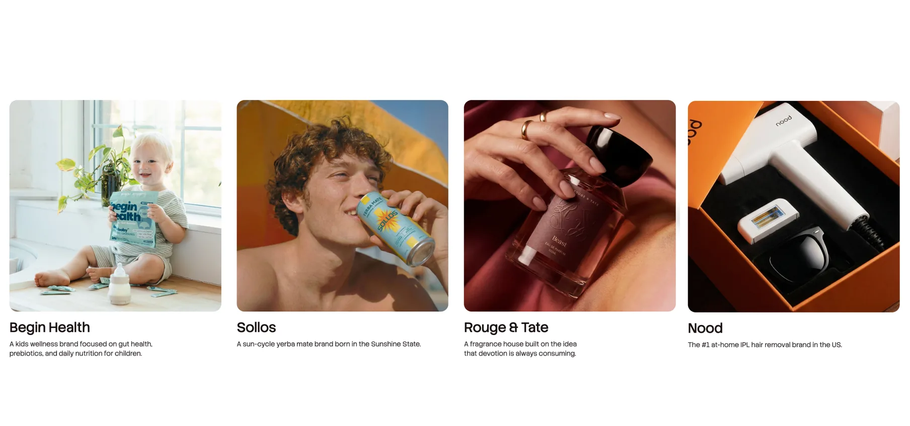 Four CreativeWise client brands side by side — Begin Health, Sollos, Rouge & Tate, and Nood — each with a completely different visual language