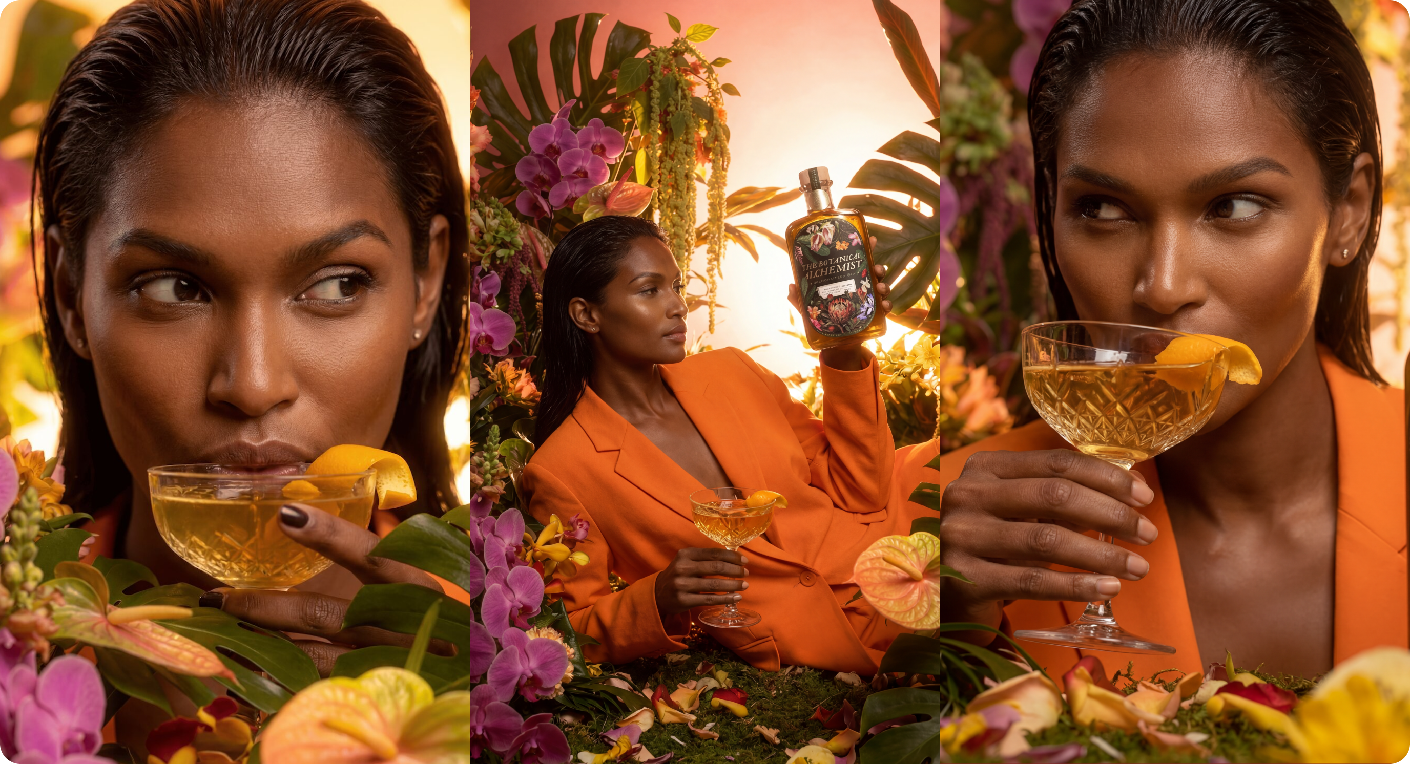 The Botanical Alchemist 'Bloom' campaign trio by CreativeWise — three botanical gin lifestyle scenes with cocktail enhancement and floral compositions