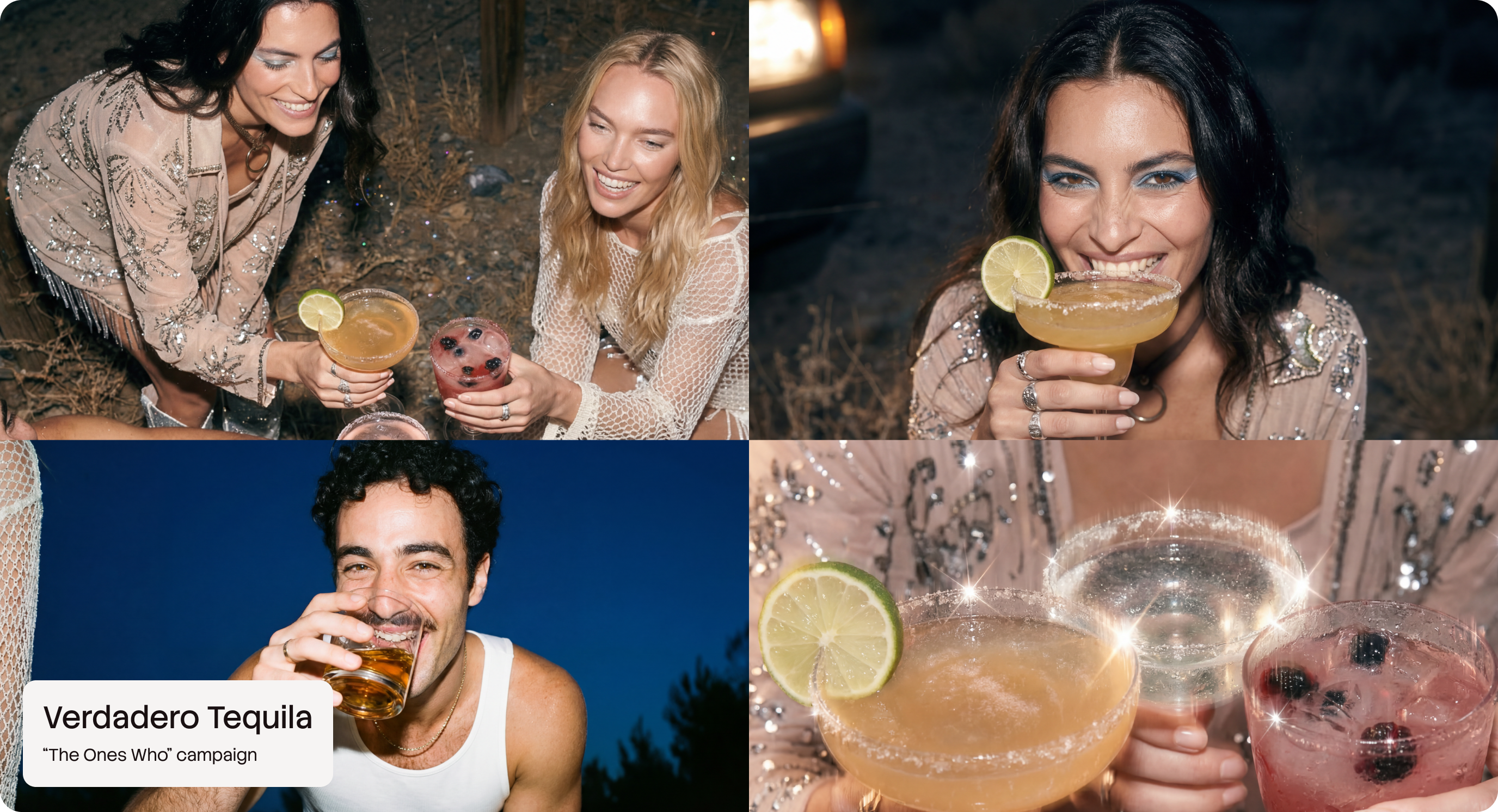 Four-tile CPG brand photography grid by CreativeWise — The Botanical Alchemist botanical gin and Verdadero Tequila 'The Ones Who' campaign images