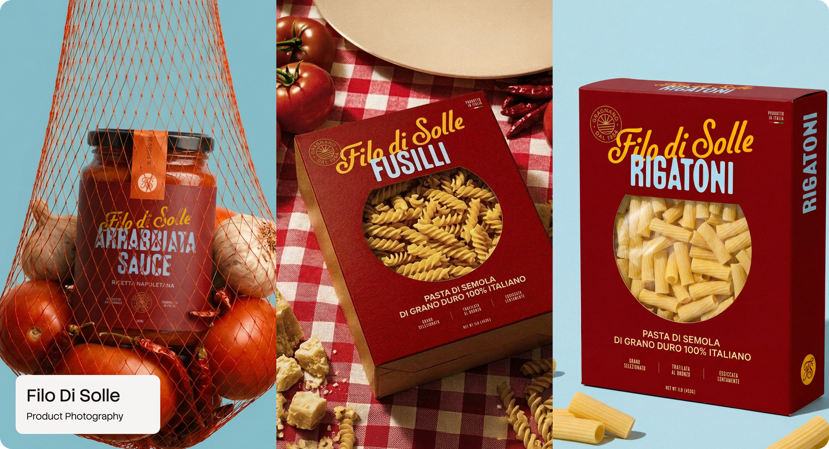 Filo Di Solle product photography trio by CreativeWise — three editorial product compositions for the Filo Di Solle brand