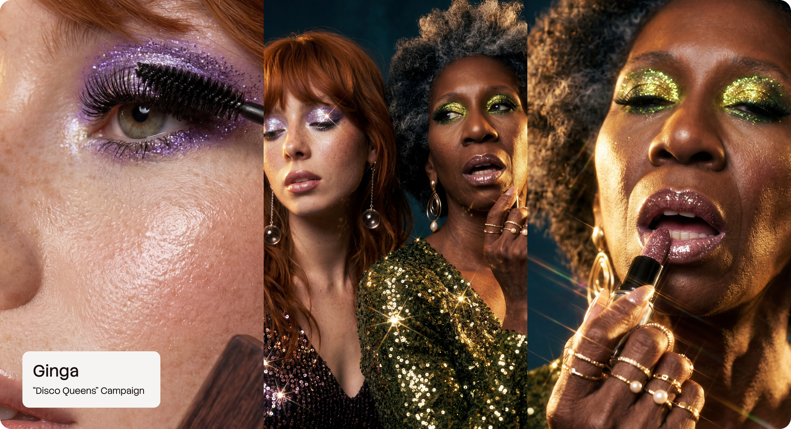 Ginga 'Disco Queens' campaign trio by CreativeWise — three editorial lifestyle scenes with disco glamour, golden light dance, and beauty portraits