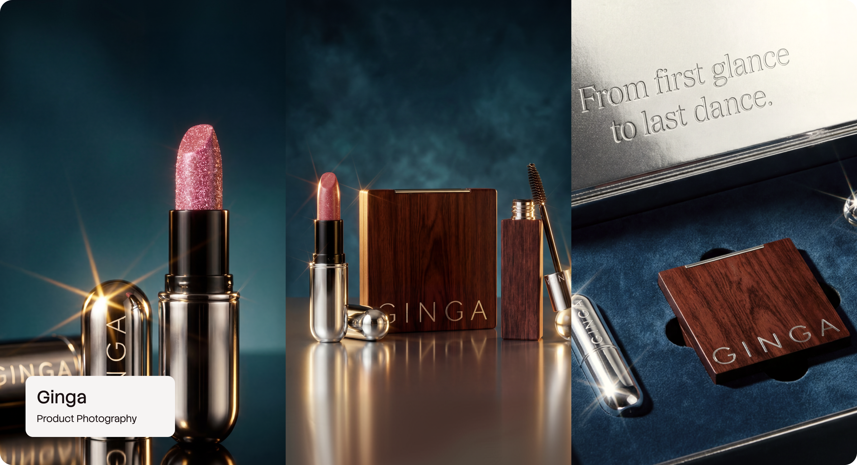 Ginga product photography trio by CreativeWise — three beauty product compositions featuring lipstick close-ups and editorial portraits