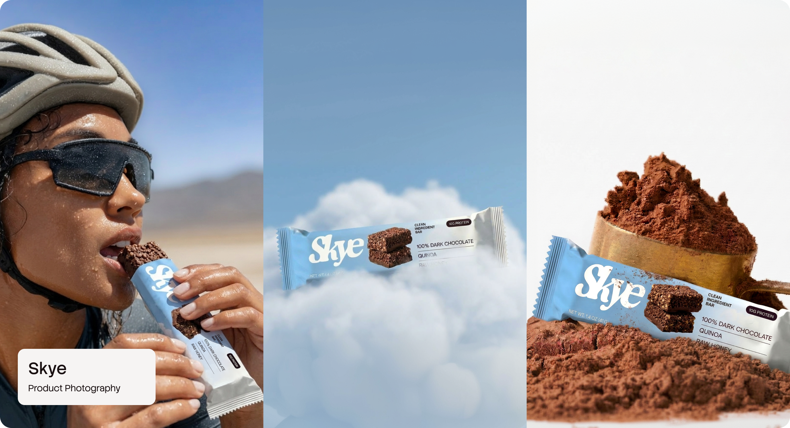 Skye product photography trio by CreativeWise — three studio-style product compositions for the Skye beauty brand
