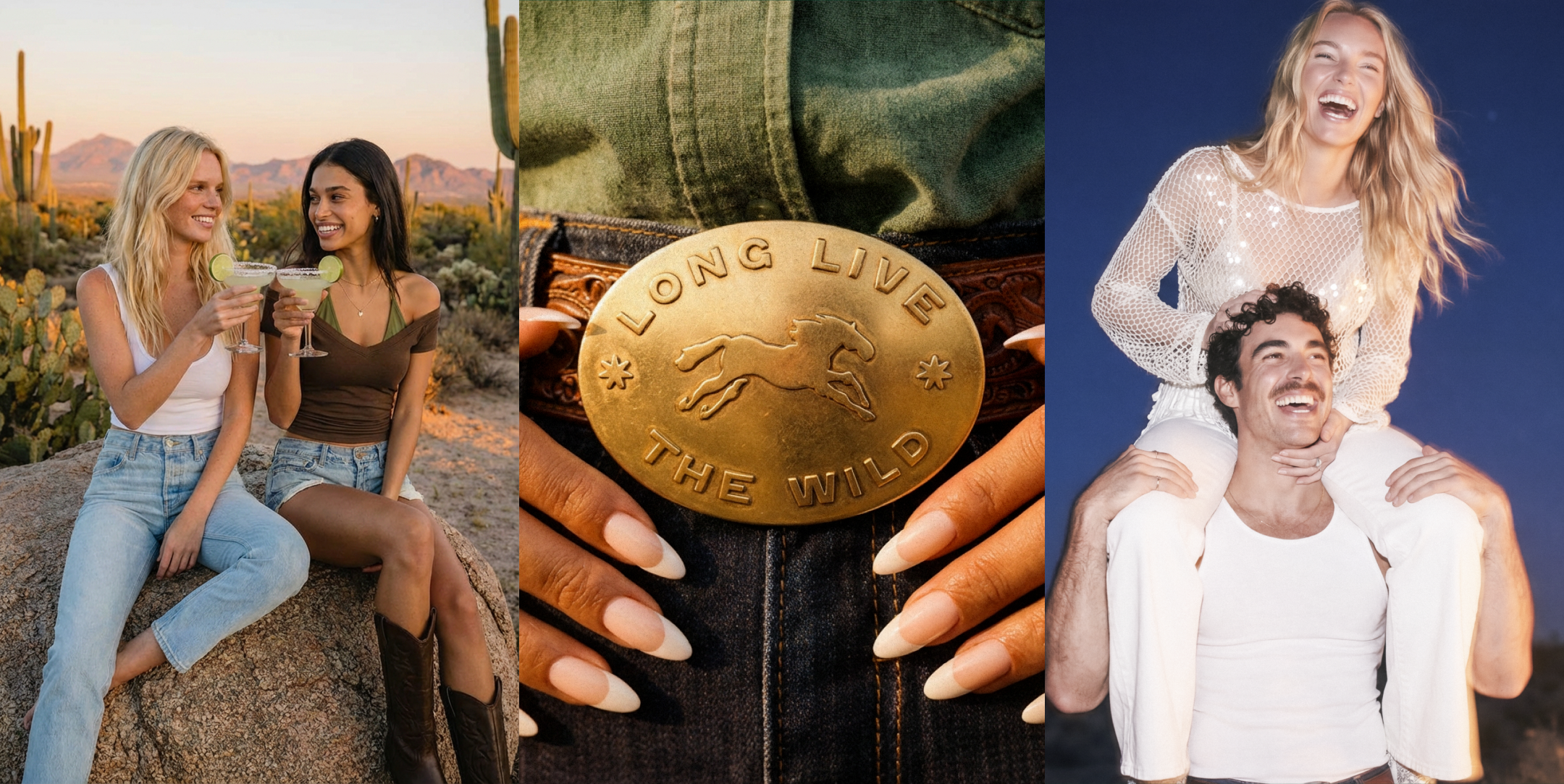 Three Verdadero Tequila scenes from CreativeWise AI Photo Studio — desert lifestyle with cocktails, denim and gold belt buckle close-up, and couple lifestyle portrait