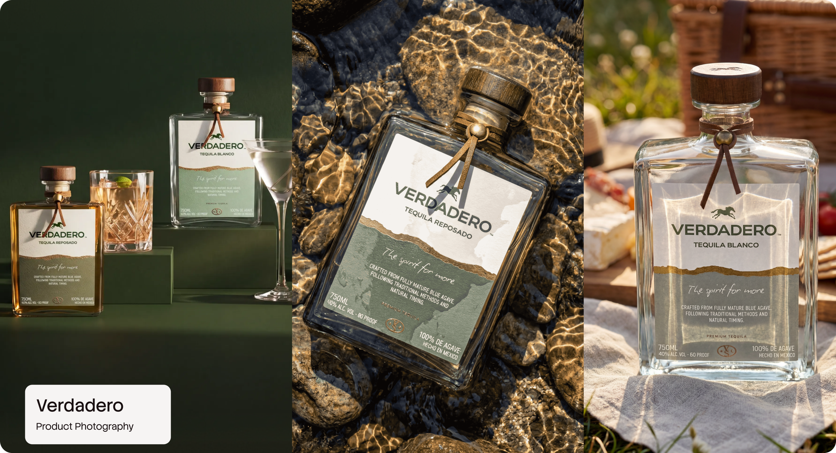 Verdadero Tequila product photography trio by CreativeWise — three vertical product compositions of the Verdadero bottle in lifestyle and studio settings