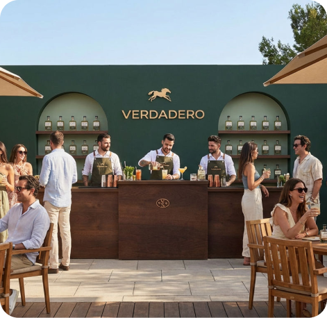 Verdadero Tequila pop-up bar activation with guests at a venue — AI Photo Studio campaign image by CreativeWise