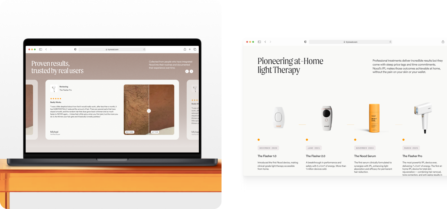 Examples of CPG landing pages designed by CreativeWise: laptop website mockup with social proof and a product grid layout for at-home light therapy
