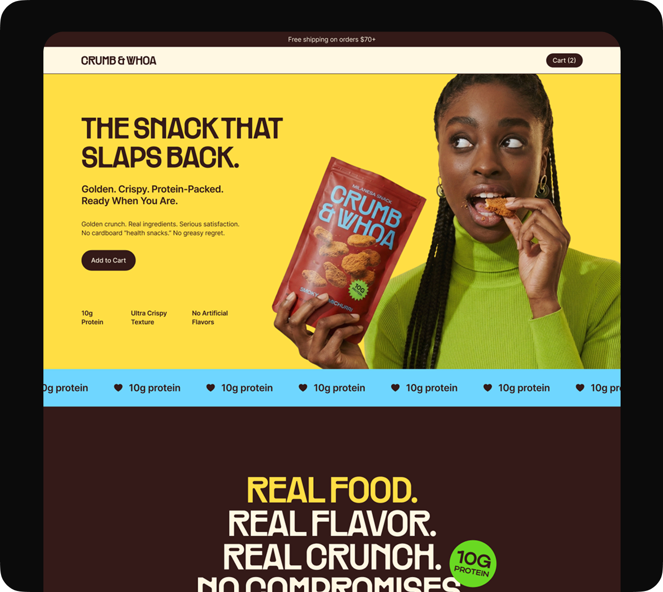 Crumb & Whoa snack brand landing page designed by CreativeWise — protein-packed crunchy snack hero with product image, benefit tags, and conversion-focused PDP layout