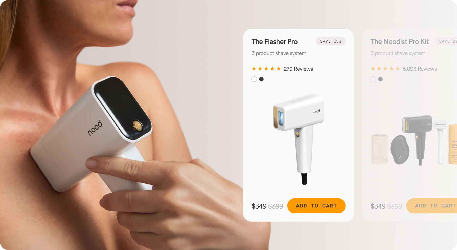 Nood at-home light therapy landing page designed by CreativeWise, featuring product photography and conversion-optimized PDP cards for The Flasher Pro and The Noodit Pro Kit