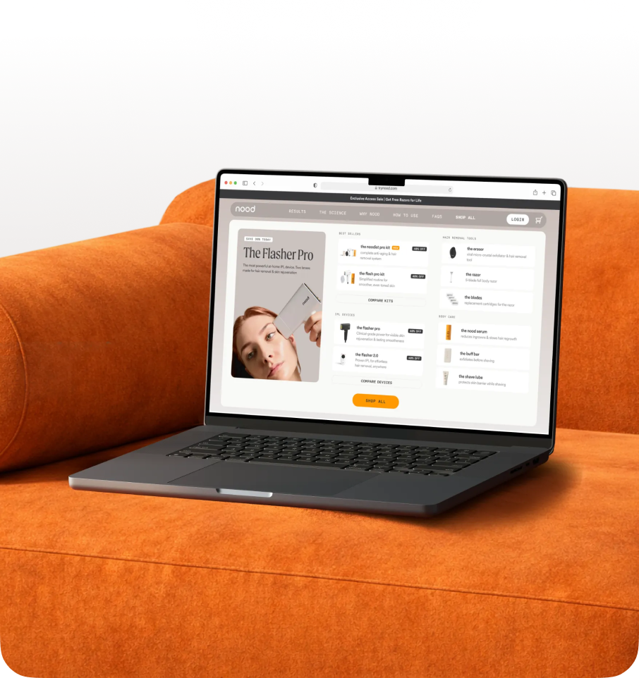 Nood Flasher Pro landing page mockup on a laptop, designed by CreativeWise