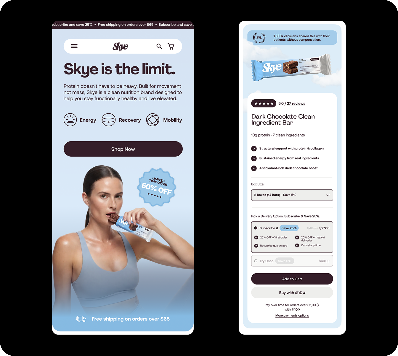 Skye protein bars landing page designed by CreativeWise — mobile hero with model holding the bar, energy/recovery/mobility benefits, and a Dark Chocolate Clean Ingredient Bar product detail page