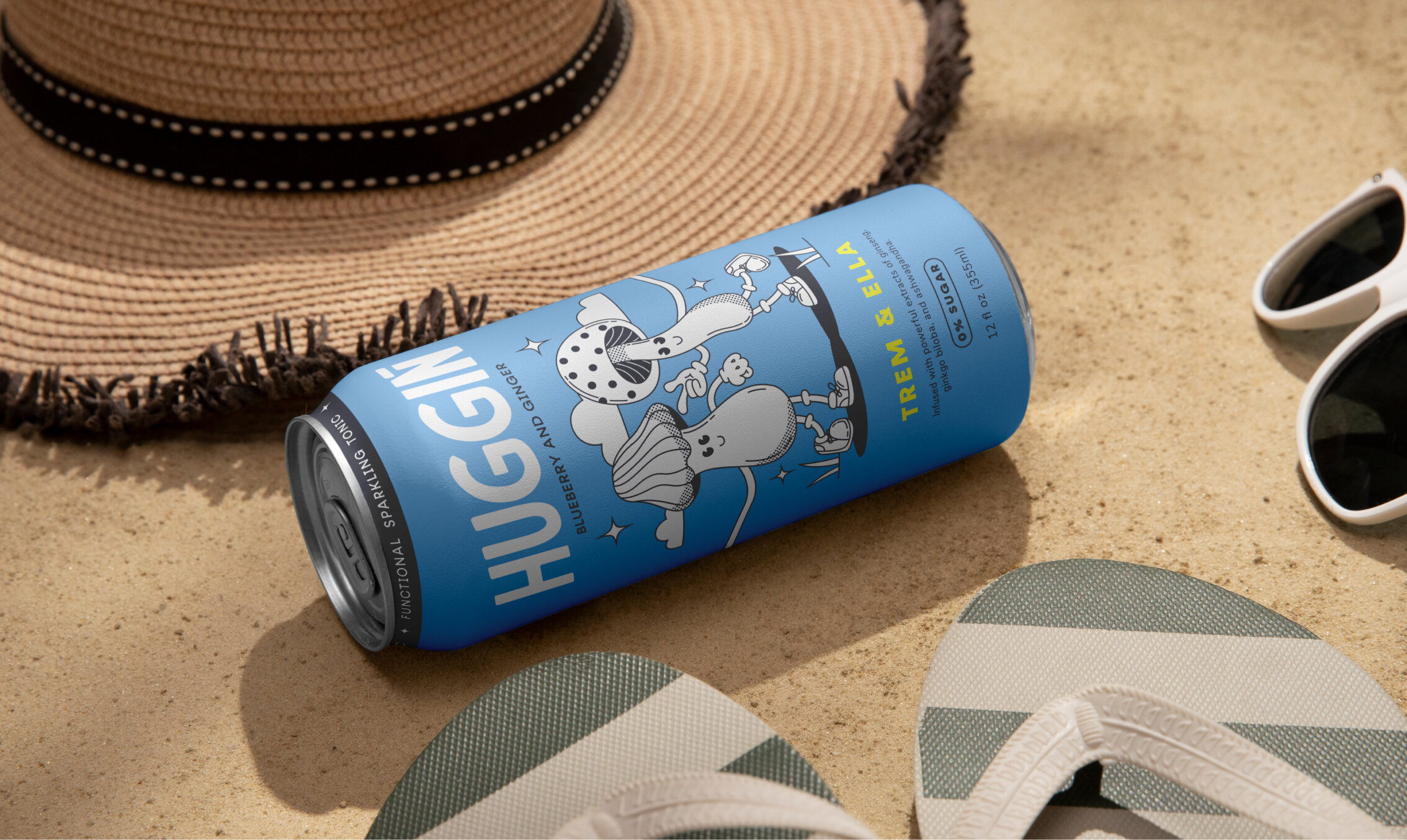 Huggin single can beach scene
