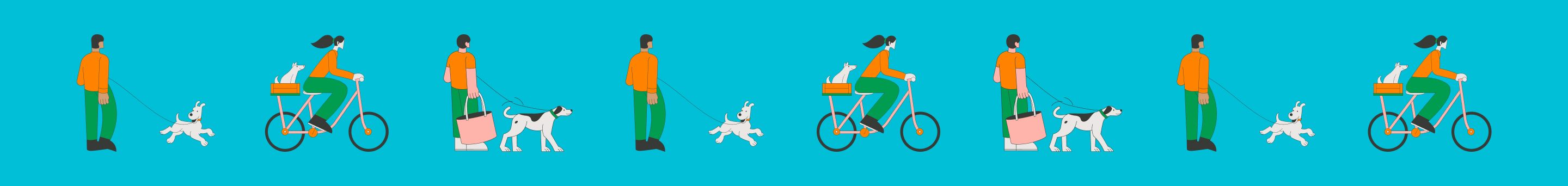 Petaluma brand pattern with people and dogs