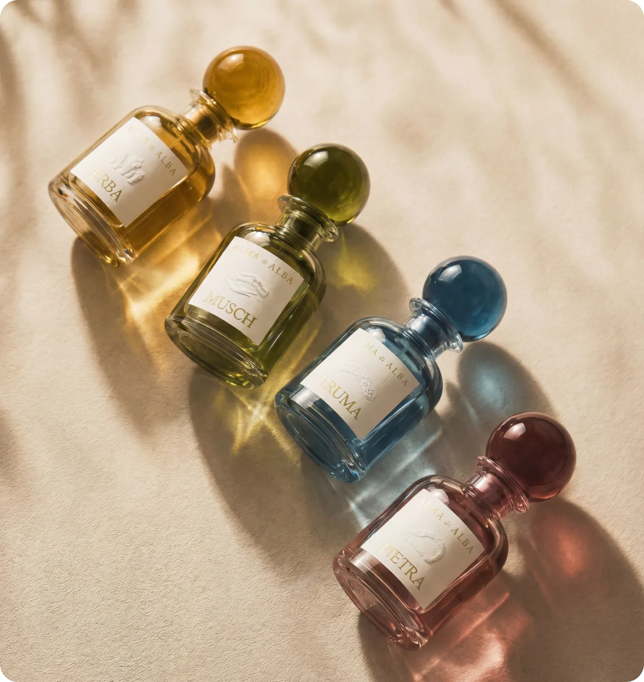 Alma di Alba — the four archetype bottles laid in a diagonal composition, from Erba through Pietra, catching golden sun