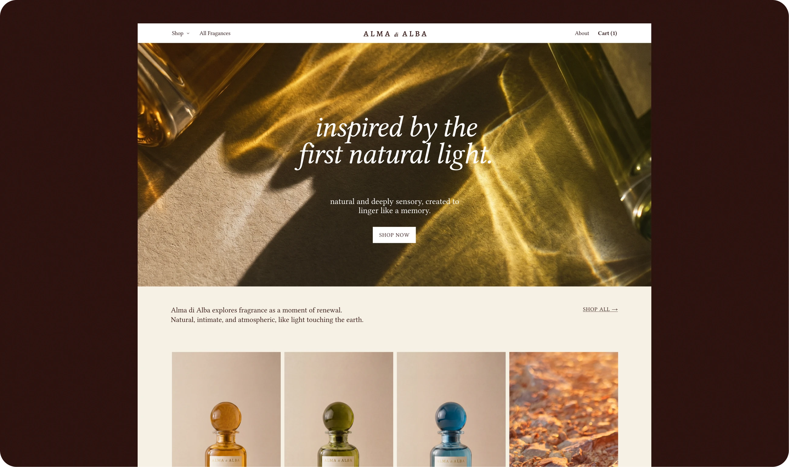 Alma di Alba — brand website mockup with the headline 'inspired by the first natural light' over a warm draped-fabric campaign shot