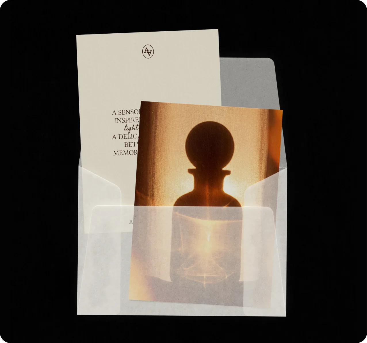 Alma di Alba — direct mail moment: printed card and product photo inside a translucent envelope