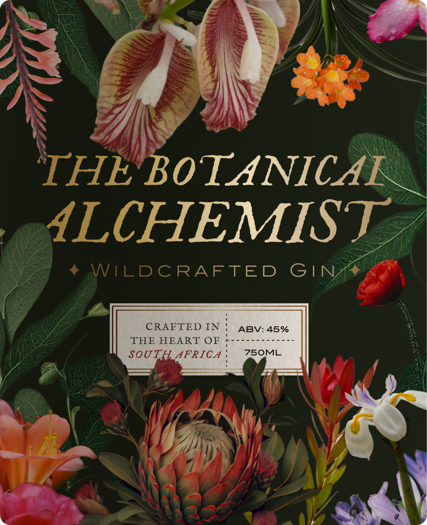 The Botanical Alchemist — branded artwork study on deep burgundy backdrop showcasing the gin's wildcraft visual identity