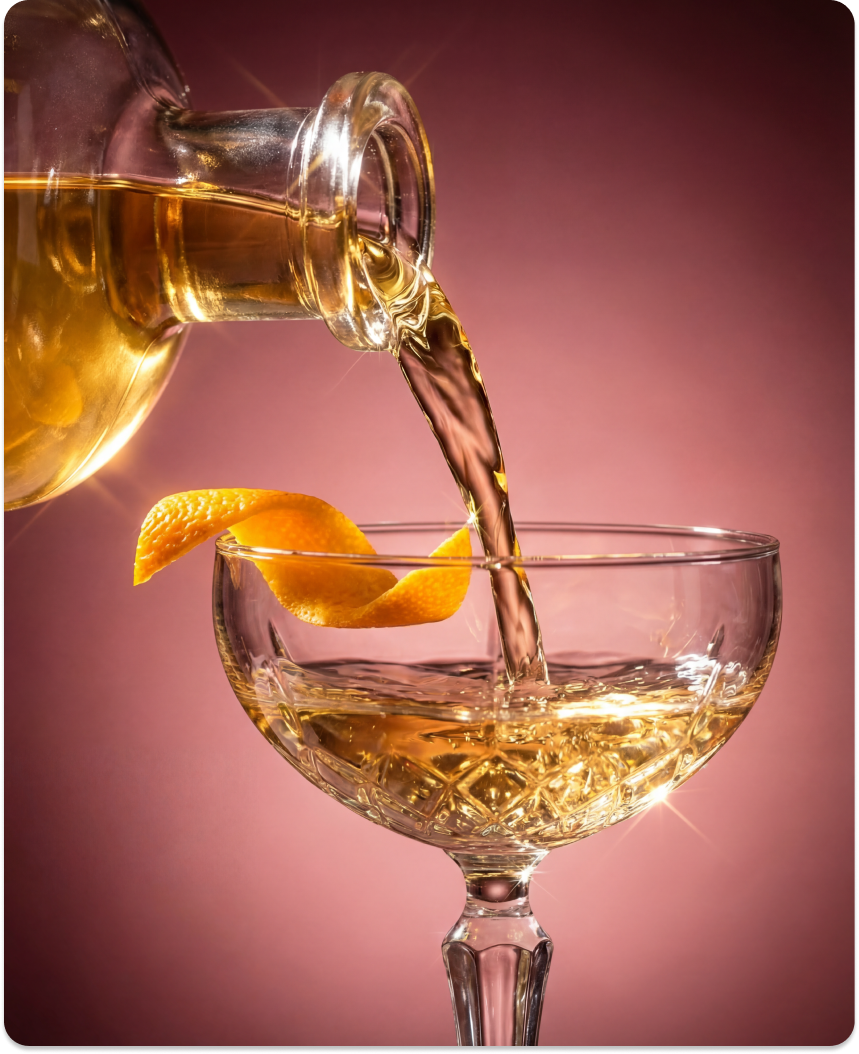 The Botanical Alchemist — luxury gin photography, amber pour on warm yellow backdrop