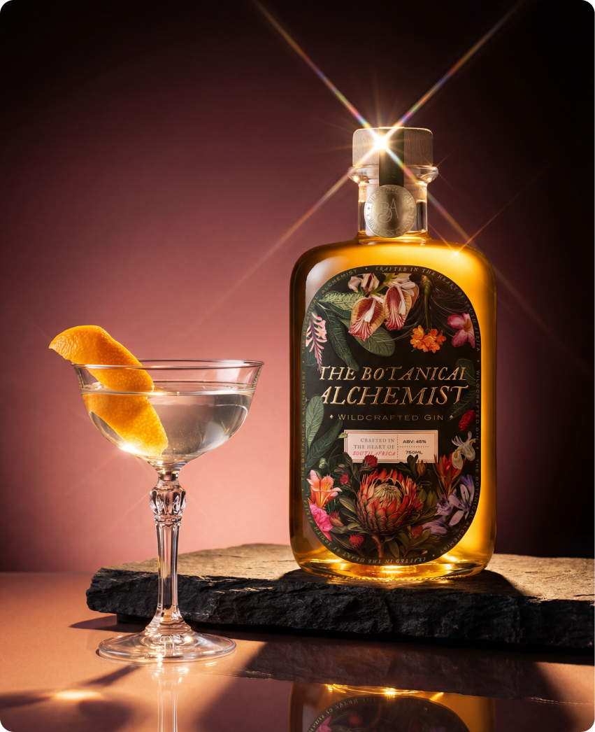 The Botanical Alchemist — packaging system detail with botanical illustration label artwork