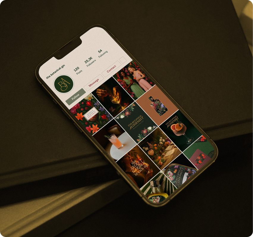The Botanical Alchemist — iPhone product mockup with the brand's digital identity in context