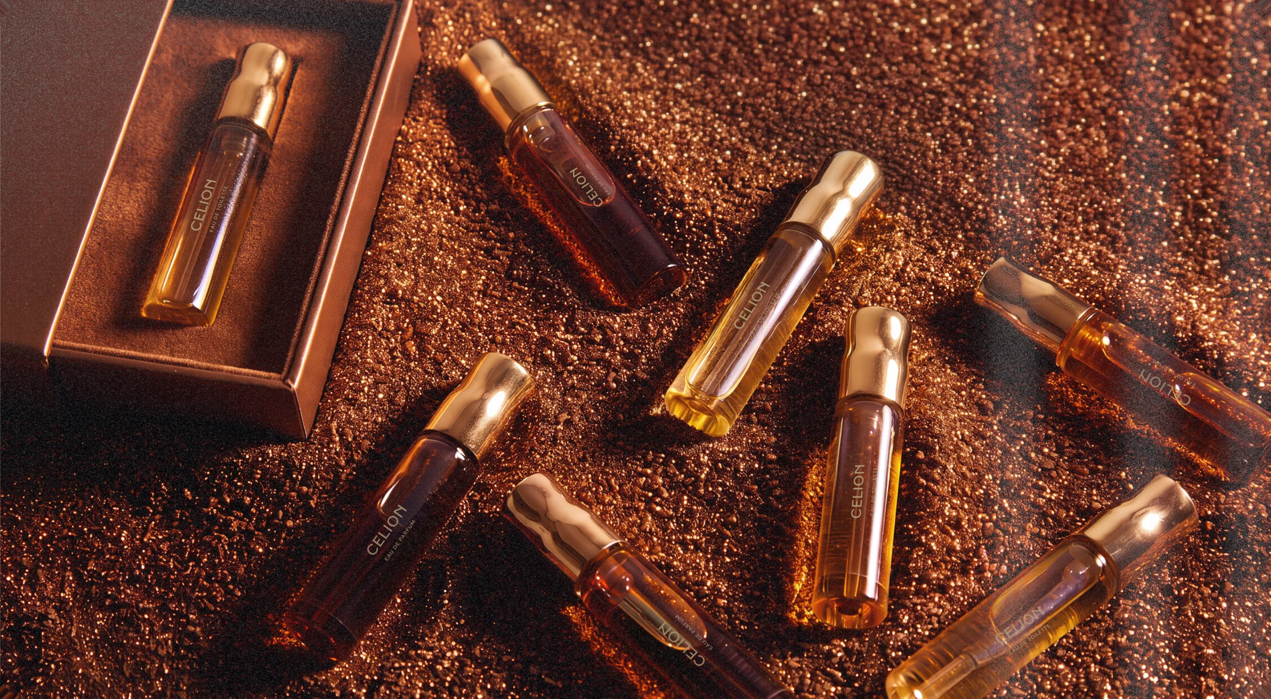 Celion — a spread of Celion travel vials on an amber, spice-strewn surface