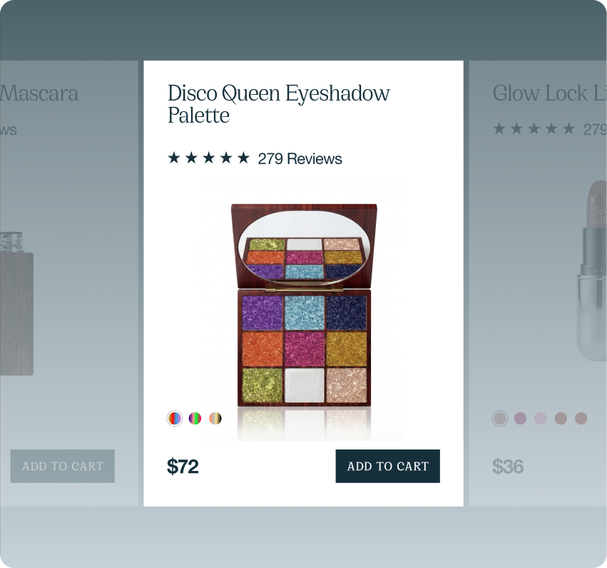 Ginga — e-commerce product-listing mockup spotlighting the Disco Queen Eyeshadow Palette card with multicolor glitter shades, price, and reviews