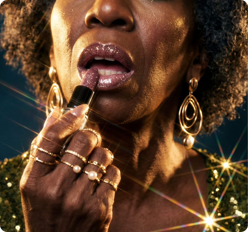 Ginga — close-up of a model applying glittery lip color, wearing gold hoop earrings and stacked rings over a gold sequin top