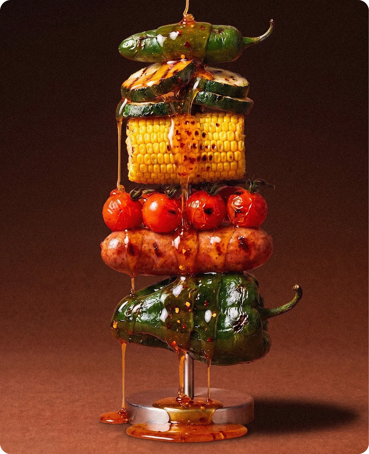 Heatwork: a tall skewer stacked with charred padron peppers, a wheel of corn, cherry tomatoes and sausage, honey running down the whole stack onto the base, shot against a warm brown backdrop