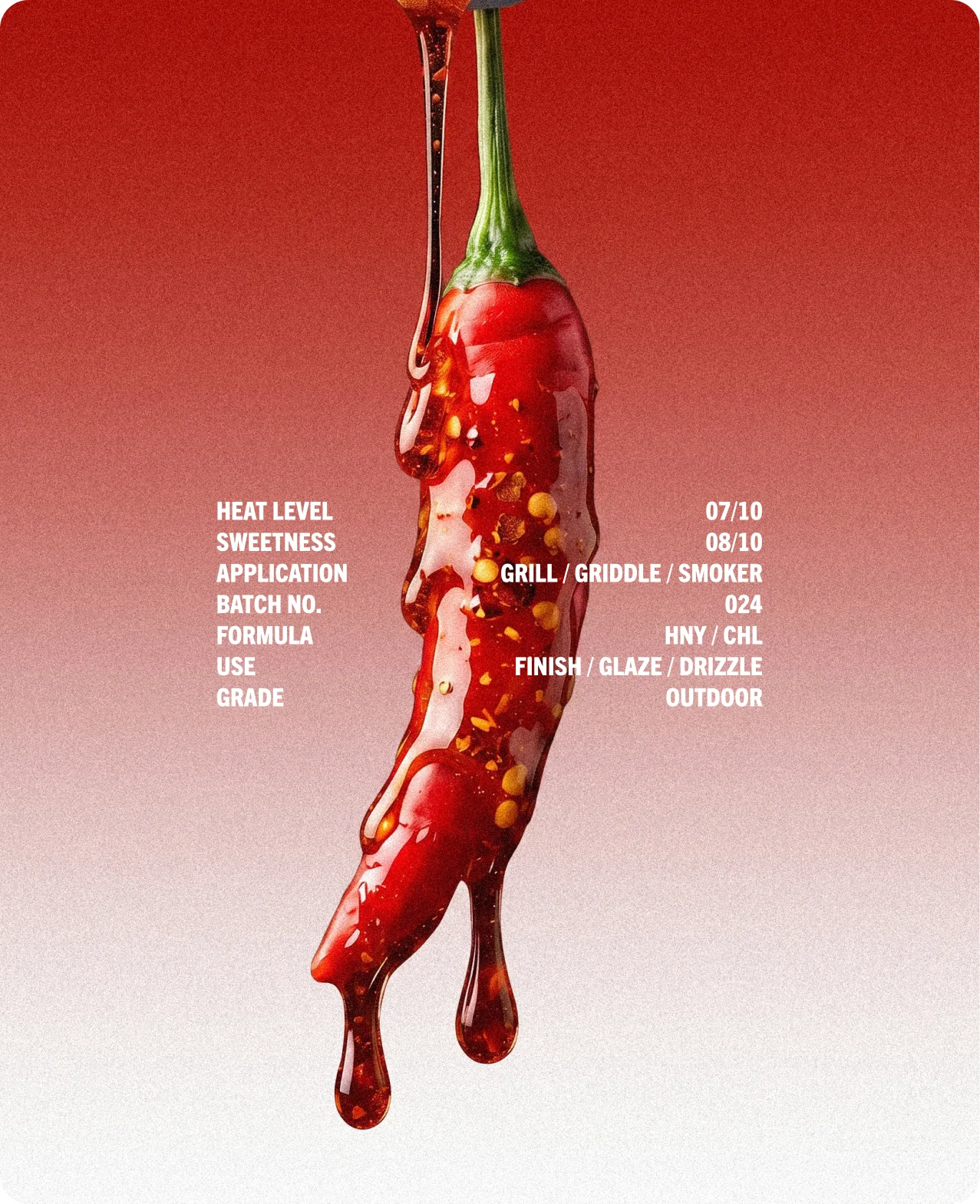 Heatwork: a single red chilli hanging stem-up against a red to white gradient with honey dripping from its tip, beside a spec panel listing heat level 07/10, sweetness 08/10, application grill, griddle, smoker, batch no. 024, formula HNY / CHL, use finish, glaze, drizzle, grade outdoor