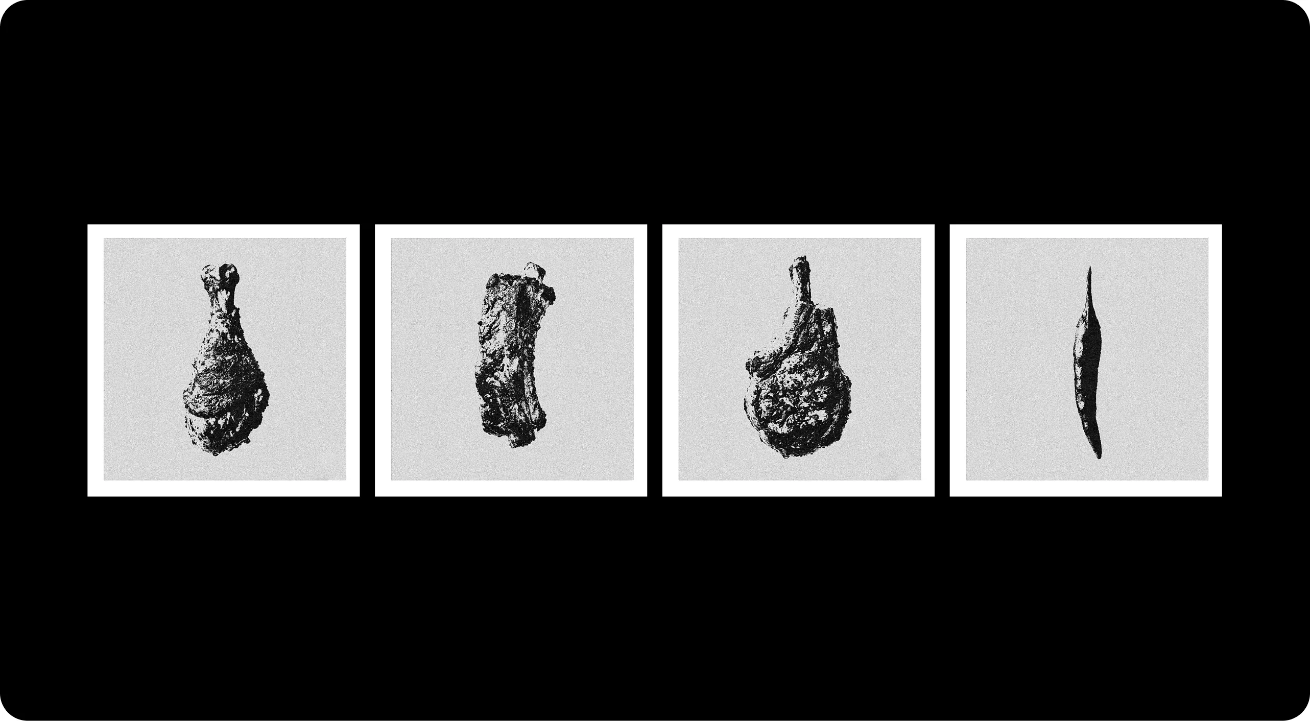 Heatwork: four framed halftone studies in a row on black, three cuts of glazed meat and a single chilli, each printed as a coarse black and white dot screen