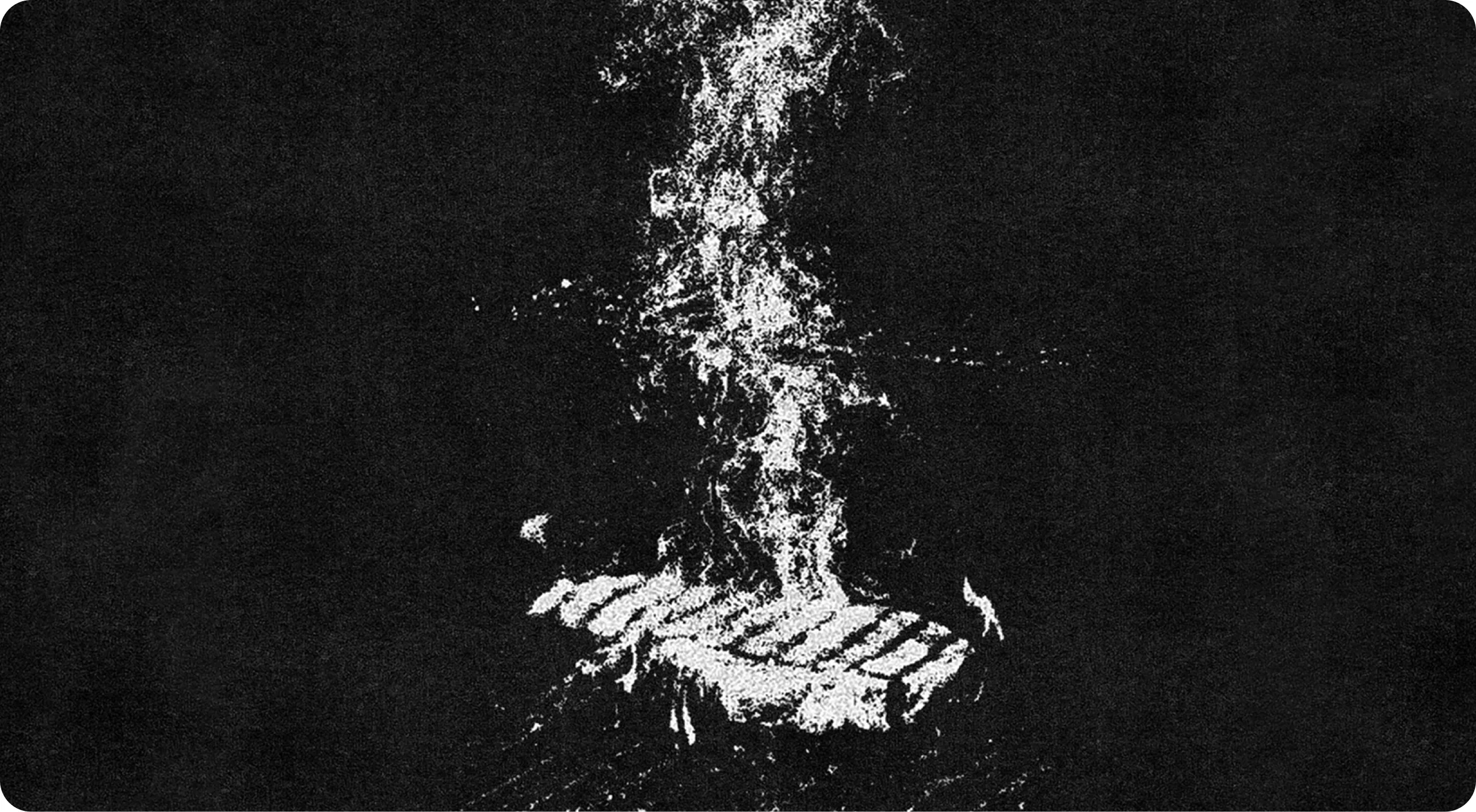 Heatwork: a dark halftone photograph of flames rising off a grill grate, the fire reduced to white speckle against a near-black field
