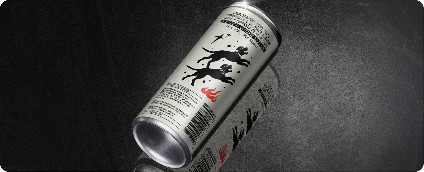 Kali — can hero on dark reflective surface showing the wordmark and dog/cross iconography