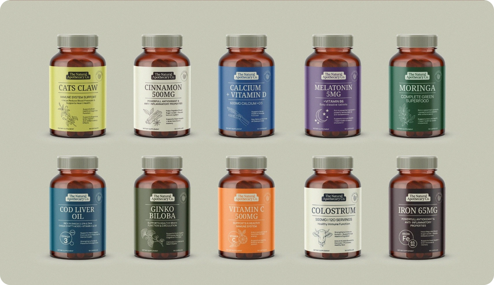 The Natural Apothecary — supplement bottle lineup across the full SKU range on neutral set
