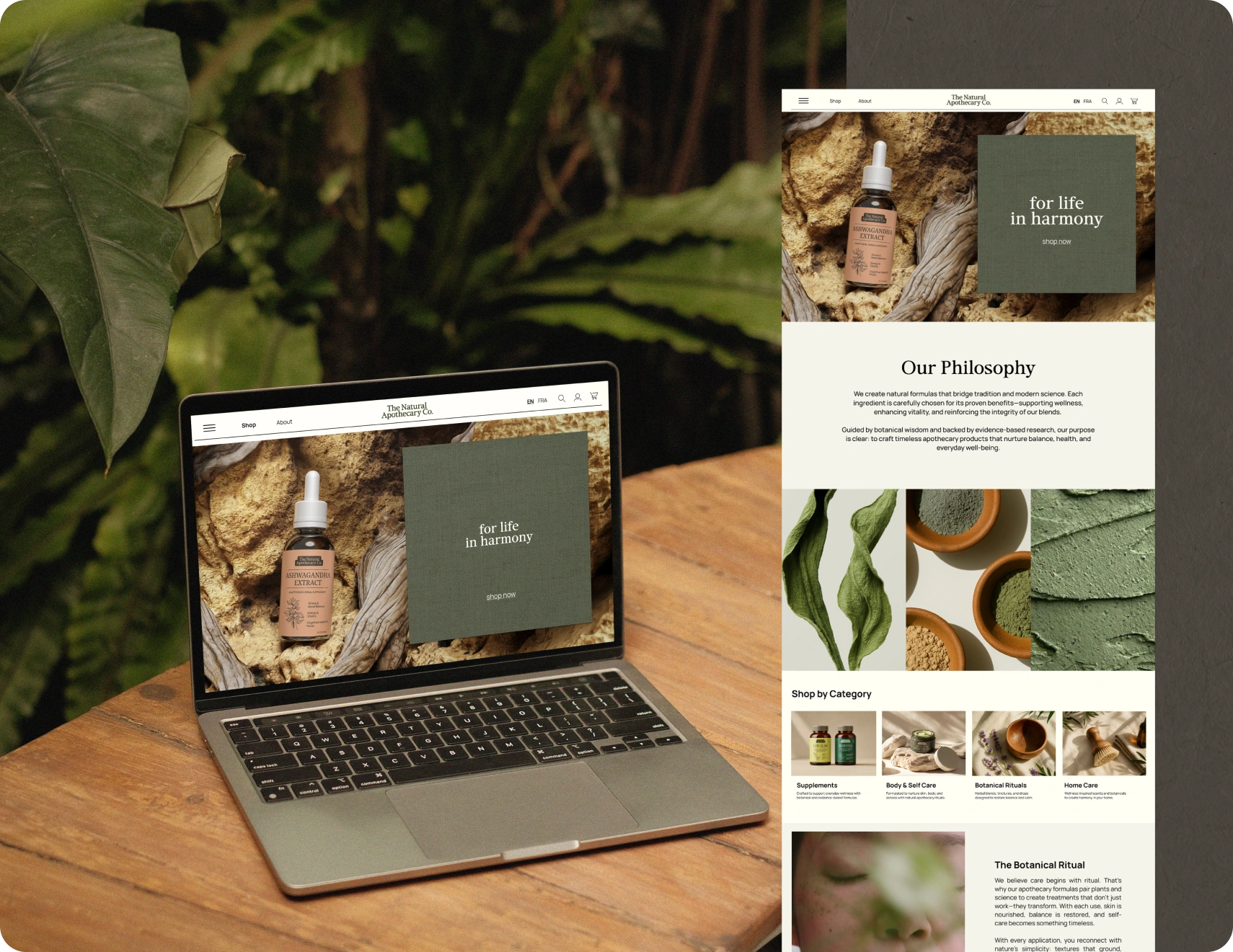 The Natural Apothecary — supplement bottle hero detail with illustration label