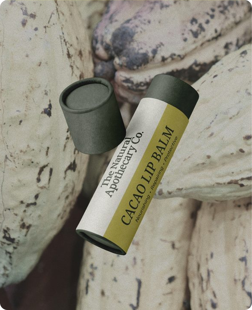 The Natural Apothecary — packaging close-up showing typography and finish