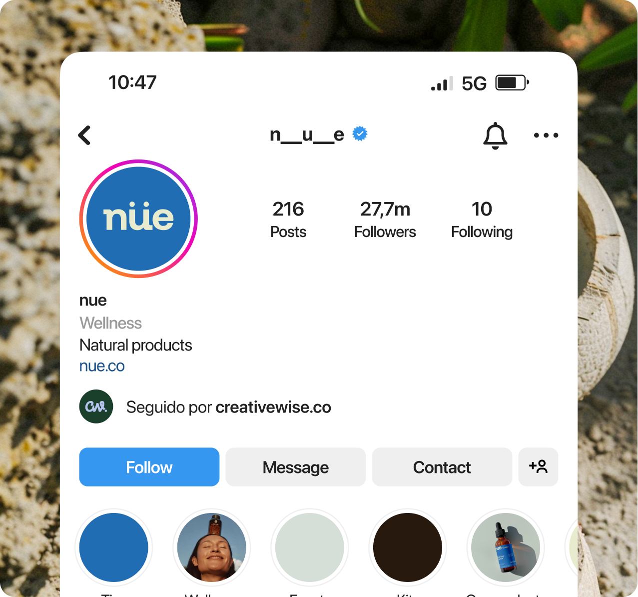 NÜE — Instagram profile mockup for @n_u_e demonstrating the brand in social context