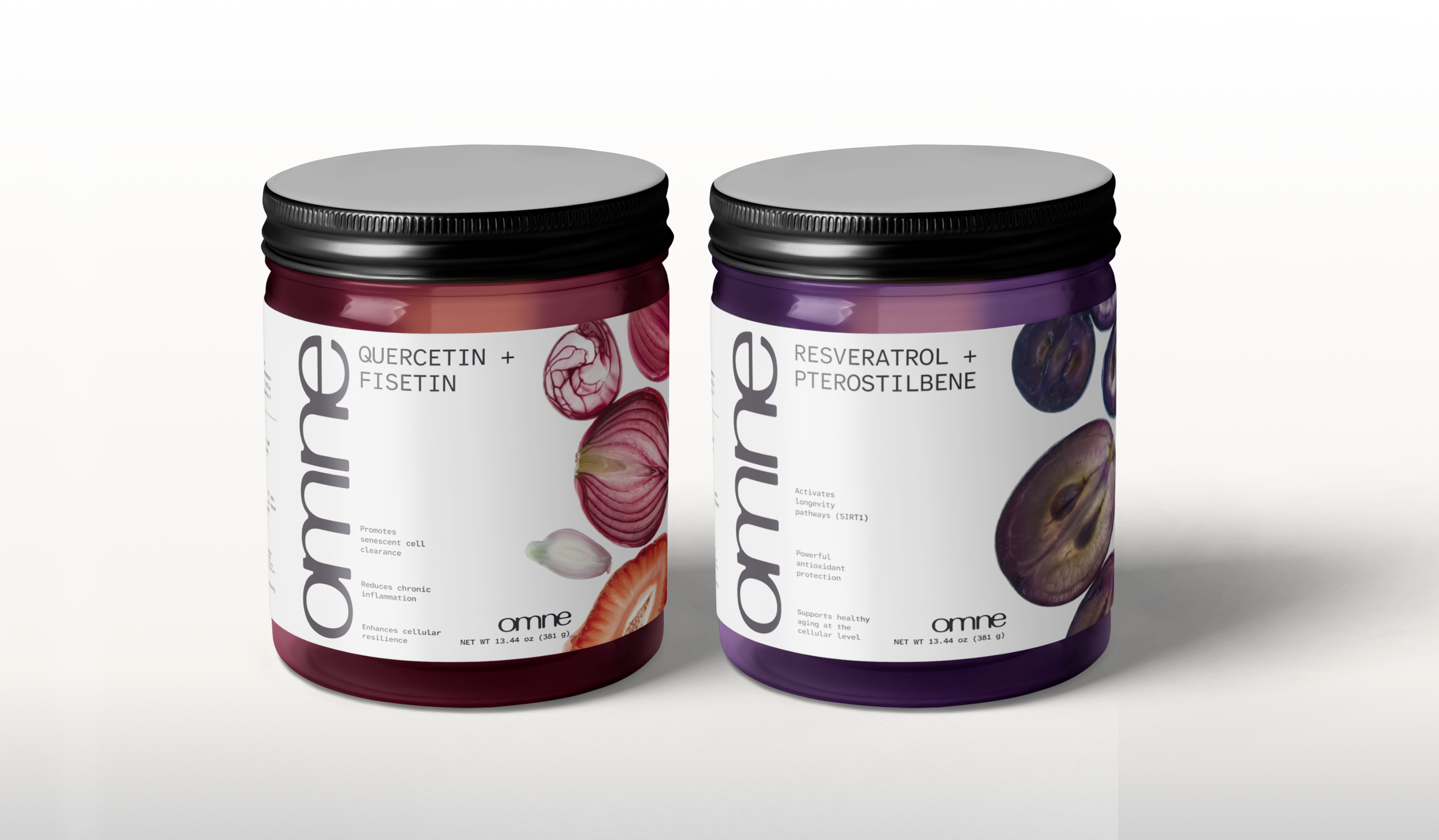 Omne — full SKU lineup with jar and ready-to-drink shot side by side on a deep plum surface