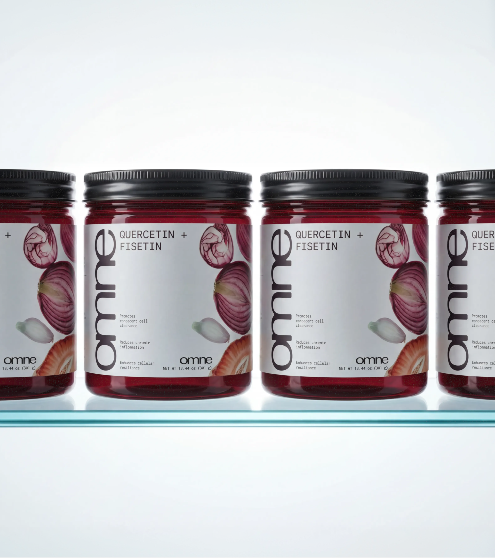 Omne — supplement jar packaging shot on a yellow surface highlighting label typography