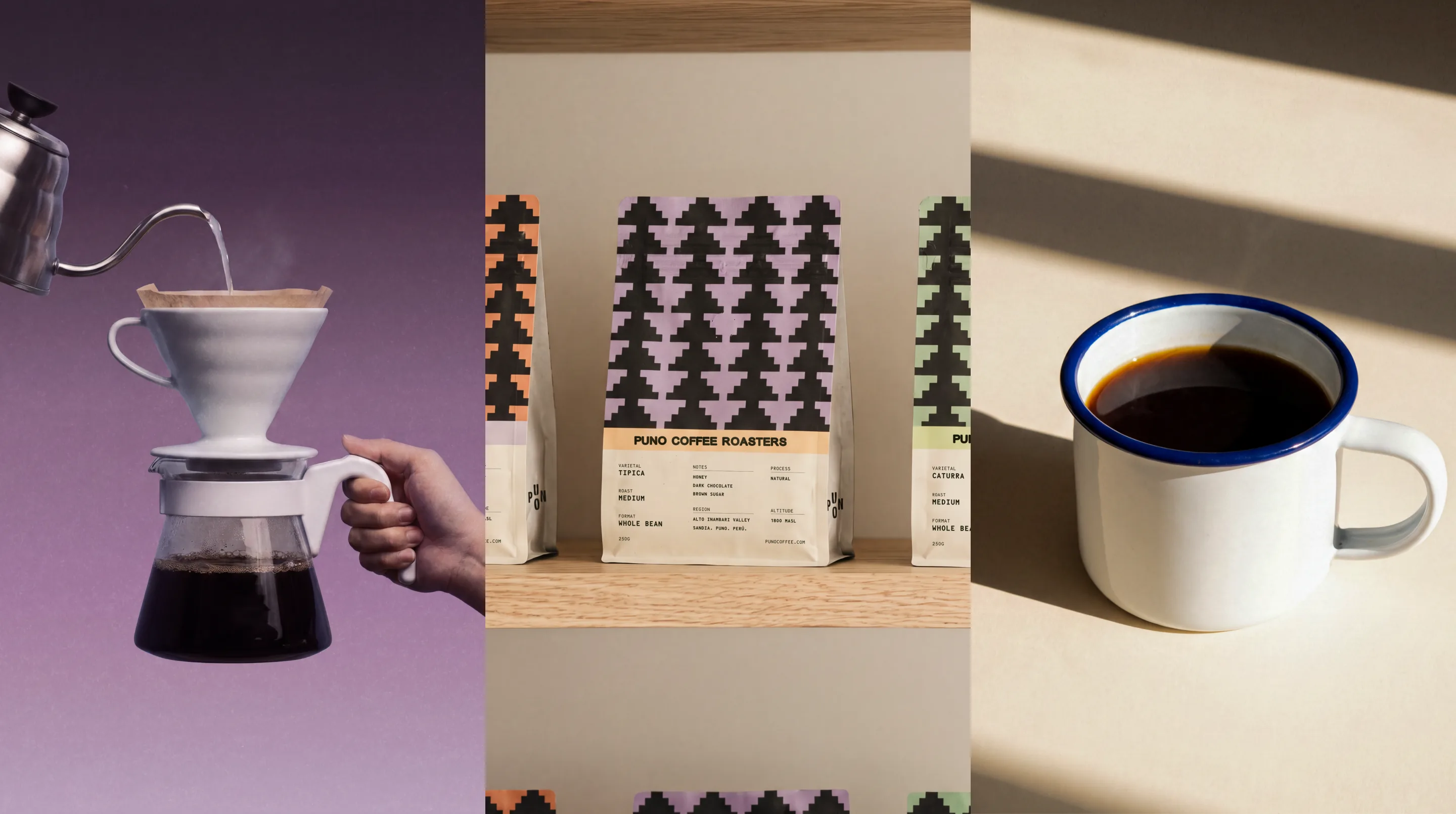 Puno — three-panel product story: a kettle pouring hot water into a ceramic V60 dripper over a glass carafe on a lavender backdrop, a cream Puno coffee bag with lavender pyramid pattern and the full 'PUNO COFFEE ROASTERS' spec label on a wood shelf between two other bags, and a white-and-blue enamel mug of black coffee catching a striped shadow on a cream table