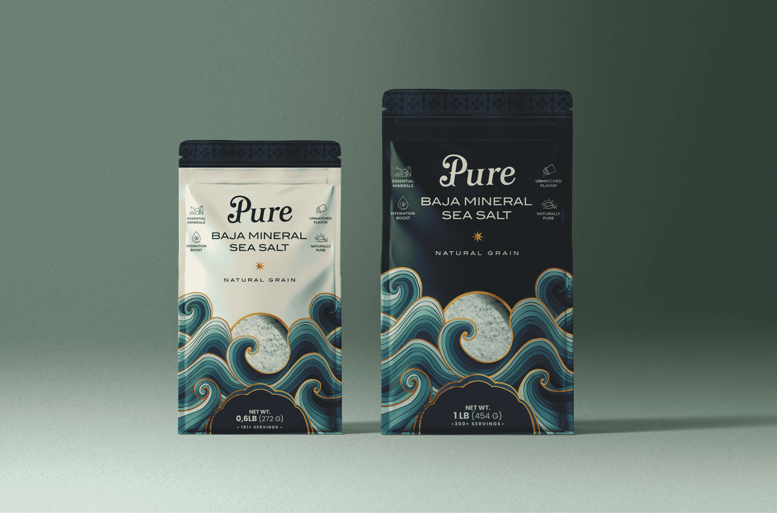 Pure — packaging hero shot showing the sea salt jar with custom illustration label