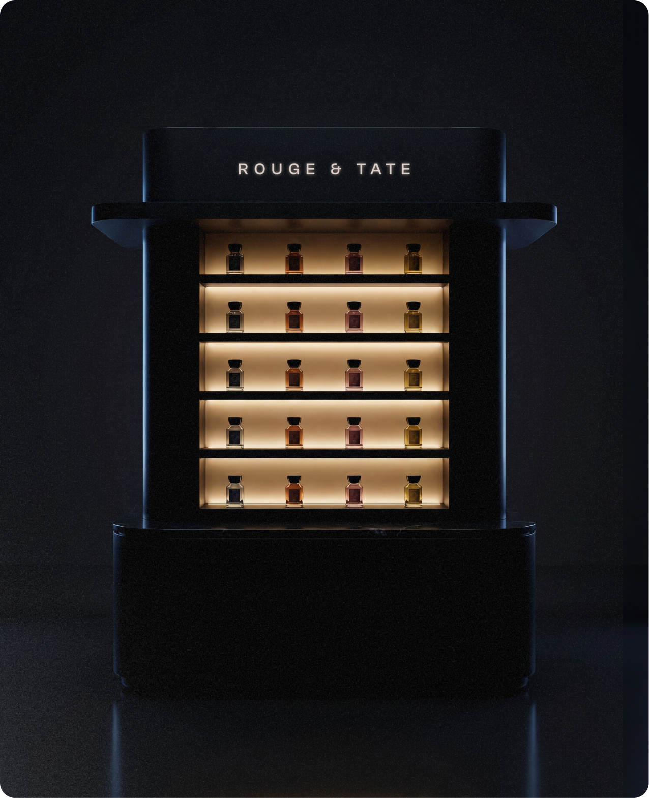 Rouge & Tate — flagship shelf display, five illuminated rows of bottles under the ROUGE & TATE marquee