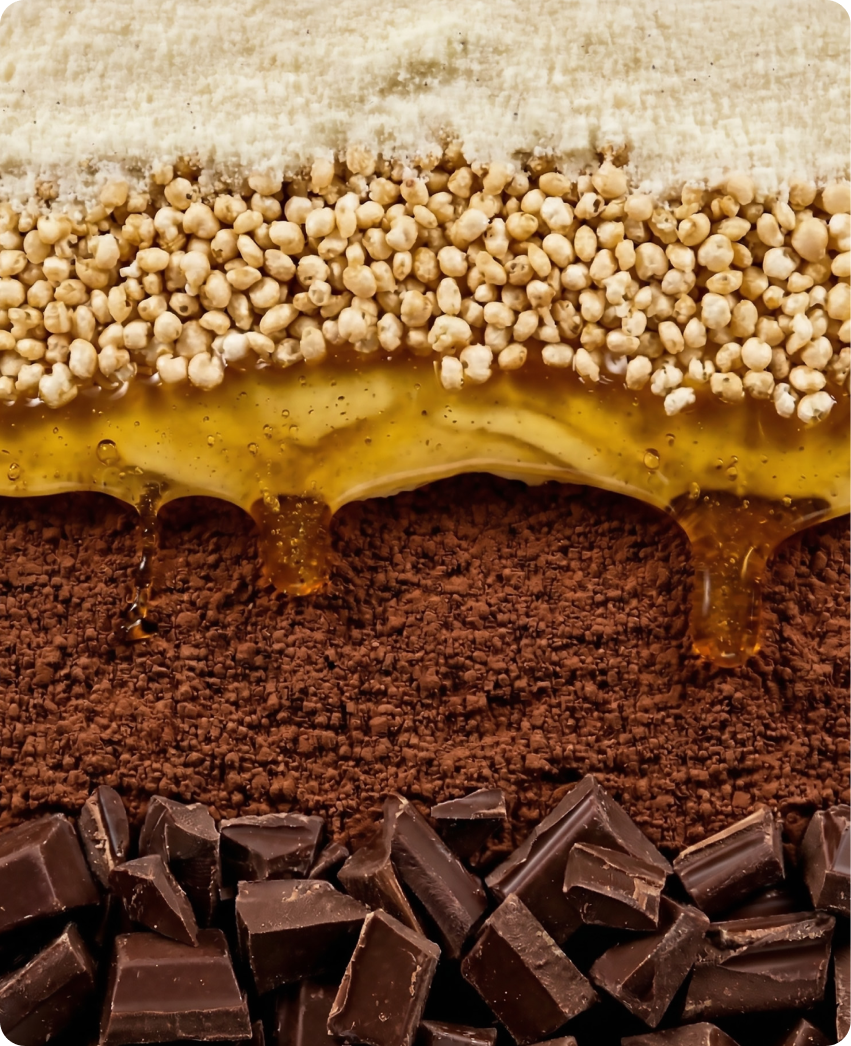 Skye — macro cross-section of the bar's ingredient layers: puffed quinoa, raw-honey caramel, and dark chocolate crumb over chocolate chunks