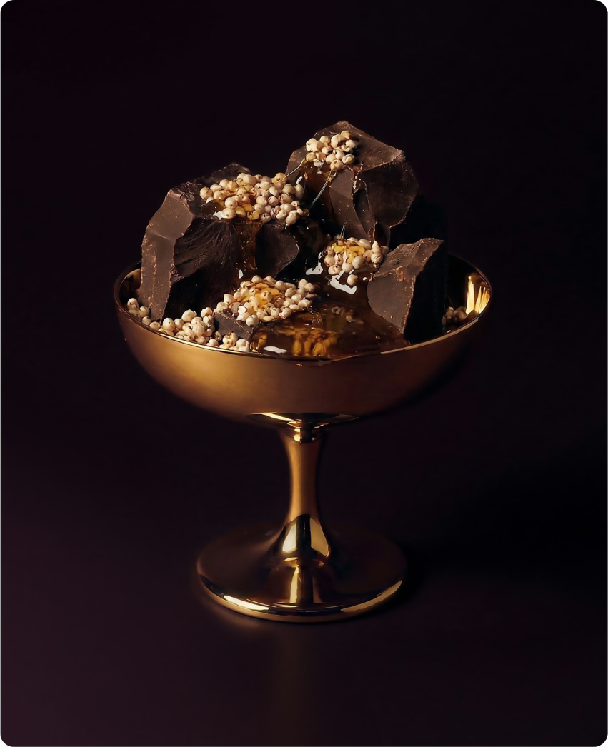 Skye — a gold pedestal coupe holding dark chocolate chunks studded with puffed quinoa, lit against a moody dark backdrop