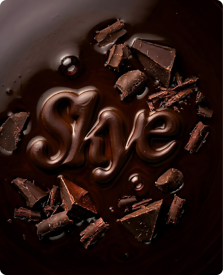 Skye — the brand wordmark sculpted in glossy melted dark chocolate, surrounded by chocolate chunks
