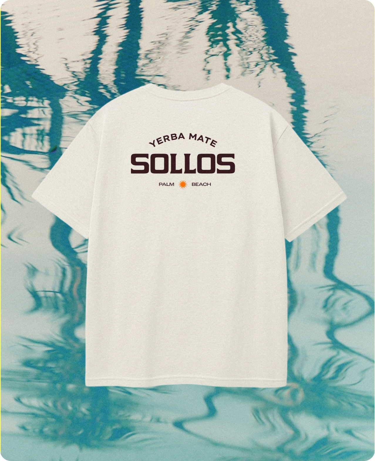 Sollos — a white Sollos yerba mate t-shirt with the sunburst wordmark, shot over a rippling pool surface